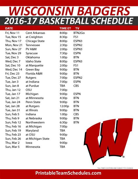 Badger Football Schedule Printable