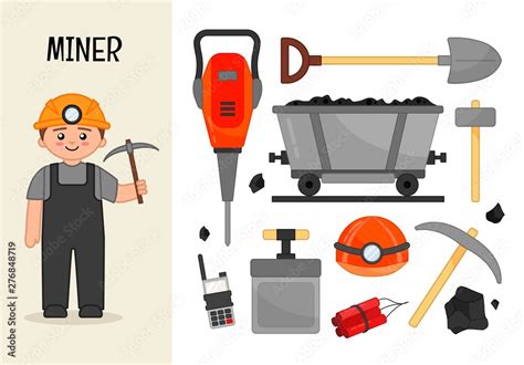 Vector character miner. Illustrations of mining equipment. Set of ...