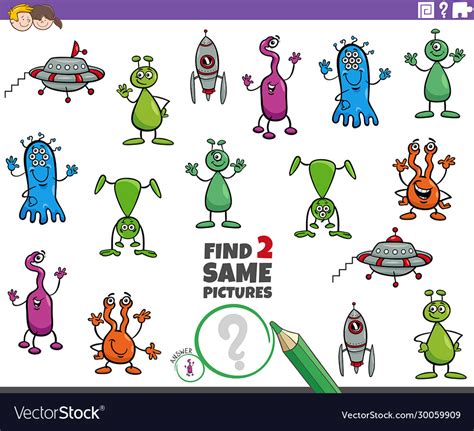 Find two same alien characters task for kids Vector Image