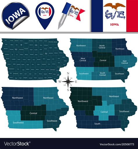 Map iowa with regions Royalty Free Vector Image