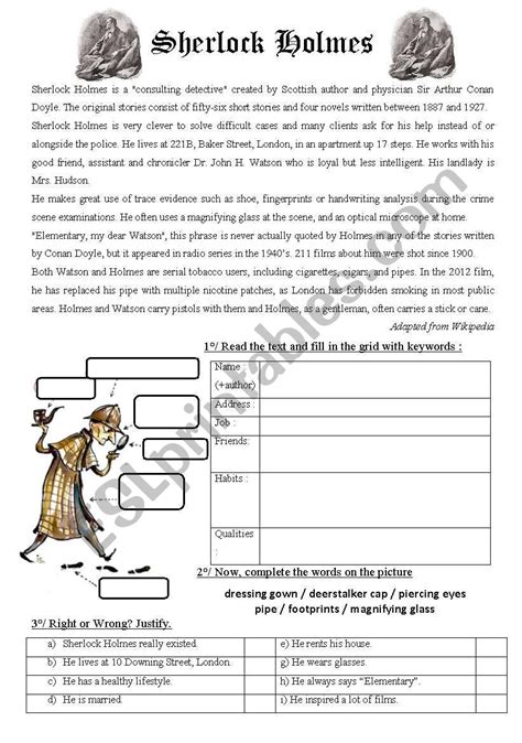 Sherlock Holmes biography - ESL worksheet by Doubinou