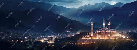 Premium AI Image | Magnificent mosque night view background with copy space