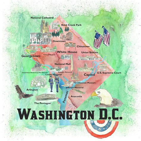 Washington DC USA Illustrated Travel Poster Favorite Map Tourist ...