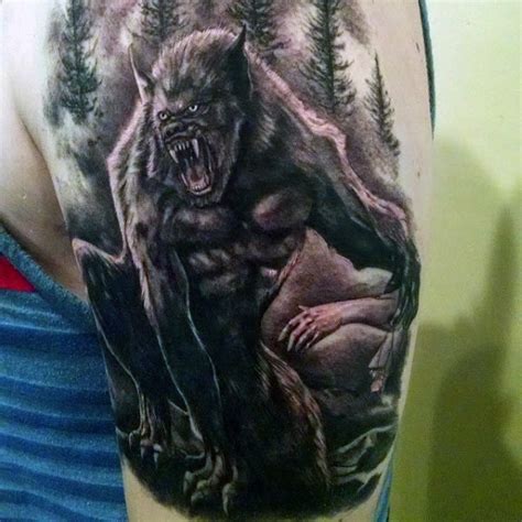 Black and gray style shoulder tattoo of werewolf in dark forest ...