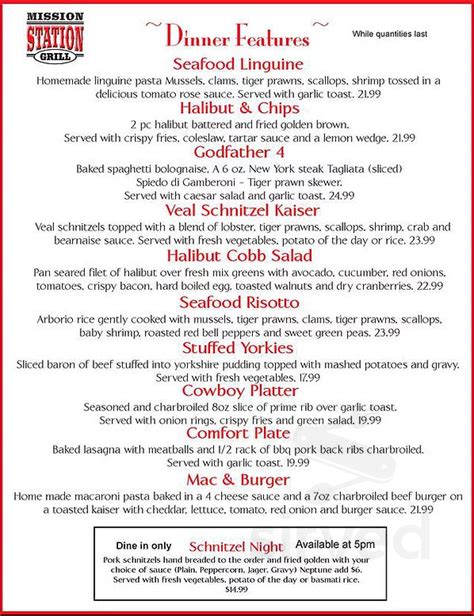 Mission Station Grill menus in Mission, British Columbia, Canada