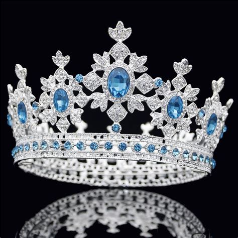 2021 Bridal Crown For Queen King Tiara Diadem Blue Crystal Silver ...