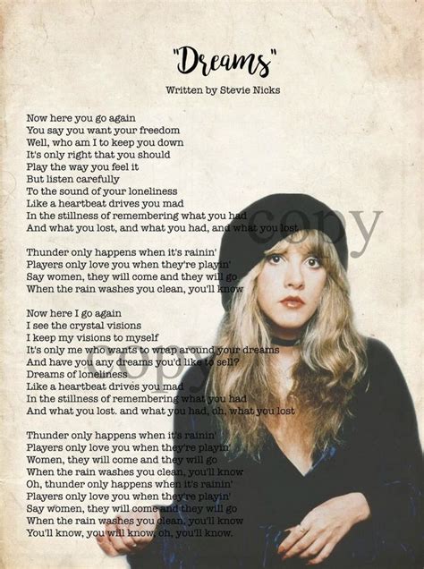 Stevie Nicks Art Fleetwood Mac Dreams Lyrics Print - Etsy | Stevie ...