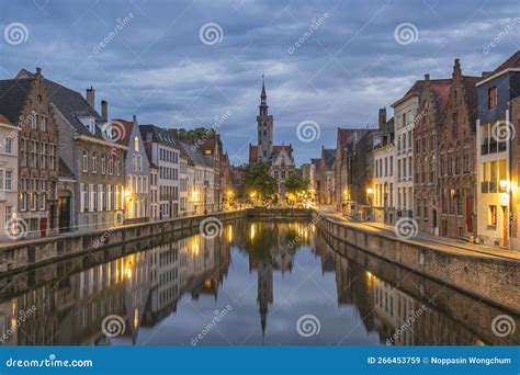 Bruges Belgium, Night City Skyline at Spiegelrei Canal Stock Image ...