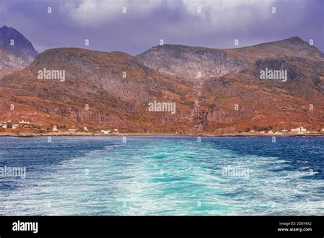 View from the stern of the Moskenes-Bodo ferry to Moskenes. Lofoten ...