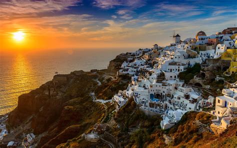 Santorini Island In Greece Aegean Sea Sunset Desktop Wallpaper Hd For ...