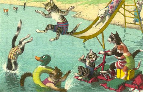 Cats and Kittens Enjoy The Pool! Digital Cat Vintage ILLUSTRATION ...