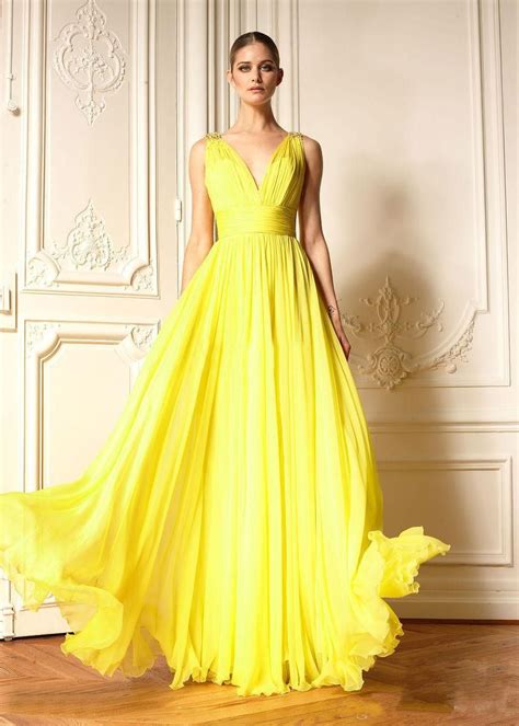 2015 Evening Dress Fashion Bright Yellow Prom Dress V Neck High Quality ...