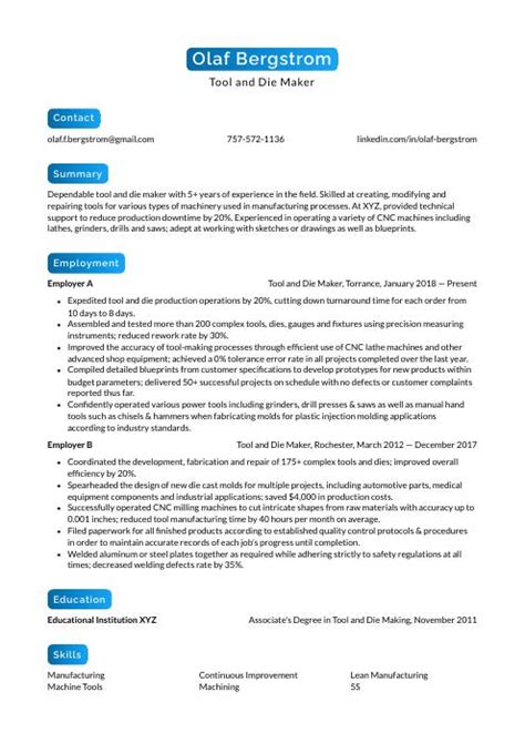 Tool and Die Maker Resume (CV) Example and Writing Guide