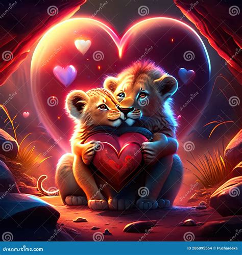 Lion Cubs Hugging Heart Lion and Lion Cub in Love. Valentine S Day Card ...