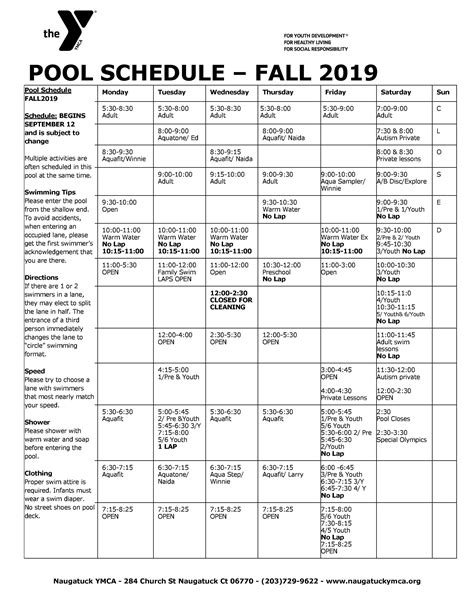 Pool Schedule – FALL 2019 – NAUGATUCK YMCA