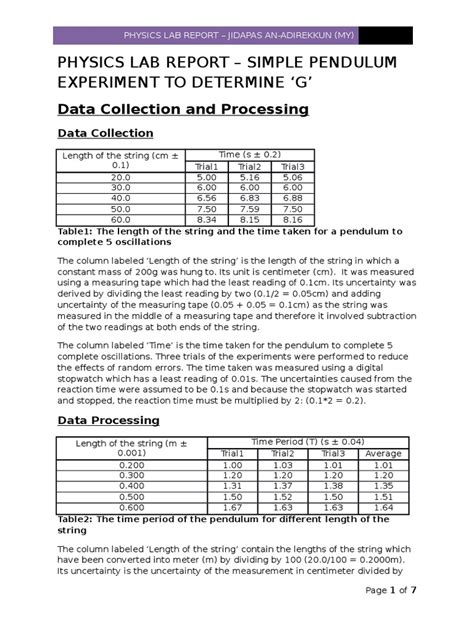 IB Physics Lab Report - Simple Pendulum | PDF | Pendulum ...