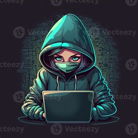 Cute girl hacker with laptop. Avatar in cartoon style. Balck backdrop ...