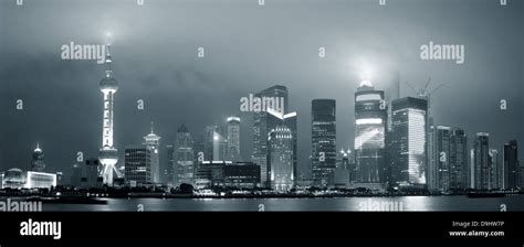 Shanghai skyline panorama in black and white at night Stock Photo - Alamy