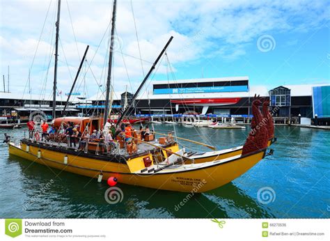 Maori Double-hulled Waka Heritage Sailing Outside New Zealand Ma ...