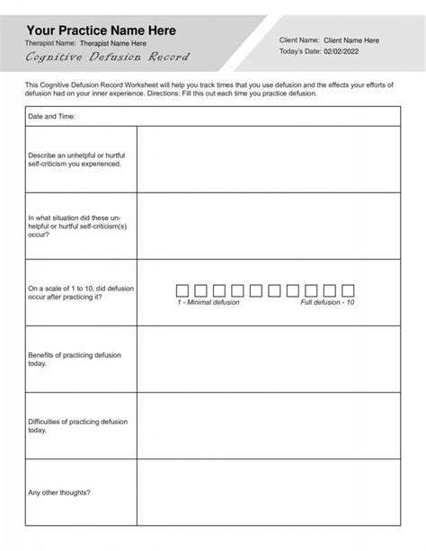 ACT Cognitive Defusion Record Worksheet (Editable, Fillable, Printable ...