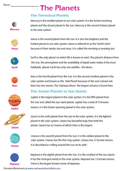 Planet Fact Sheets For Kids