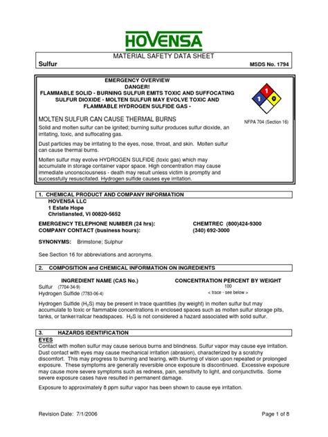 Sulphur MSDS | PDF | Firefighting | Sulfur