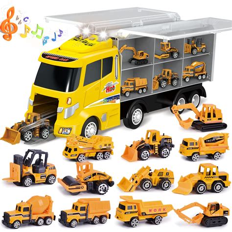 Buy 12 in 1 Construction Truck Toys Set for Toddlers, Carrier Truck ...