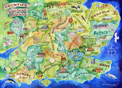 Counties of southern England map - a painting by Jane Tomlinson