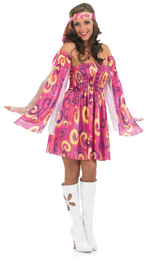 1960s Pink Swirl Hippy Fancy Dress Ladies 60s Hippie Costume Outfit UK ...