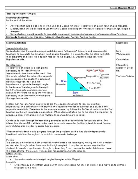 Lesson Plan Trig Angles | Trigonometric Functions | Triangle