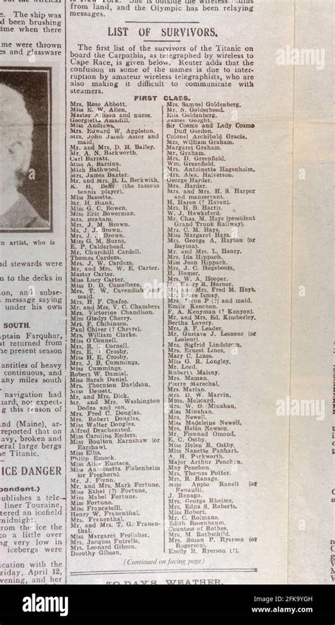 List of Titanic survivors (first class) inside The Daily Mirror ...