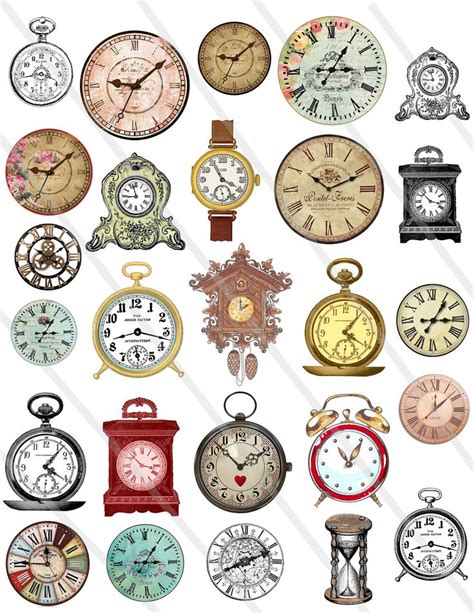 many different types of clocks on a white background