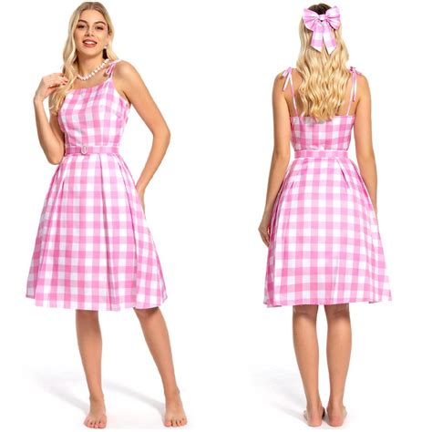 2023 Doll Movie Margot Robbie Pink Plaid Long Dress Outfits Cosplay ...