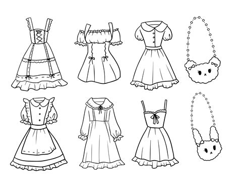 Set of black and white hand-drawn doodle style young girl dress outfit ...