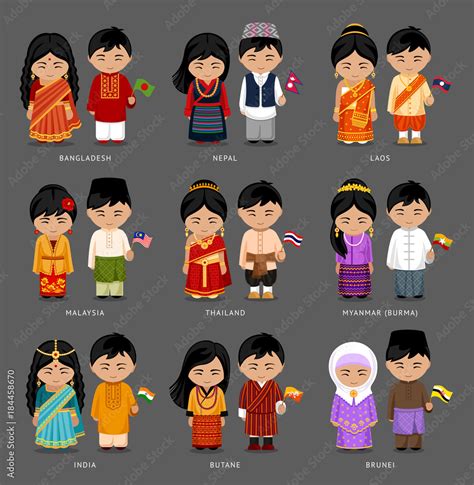 Vecteur Stock People in national dress. Burma (Myanmar), Brunei, Bhutan ...