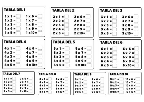 Tablas de multiplicar para completar resolver rellenar