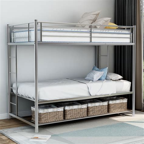 EUROCO Metal Twin Over Twin Bunk Bed Frame With Storage Shelf, Silver ...