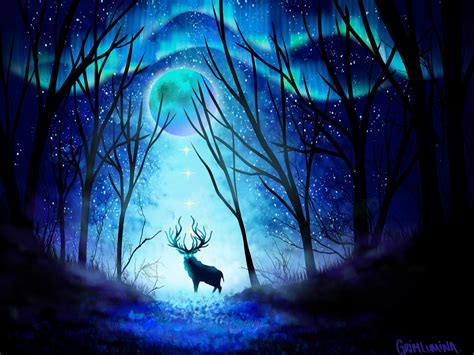 Tapete Hirsch, Wald, Nacht, Mond, Nordlicht, Kunst HD: Widescreen: High ...