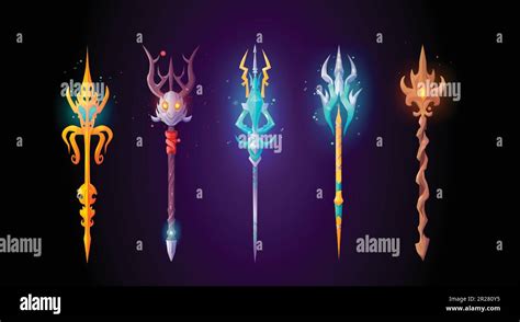 Magic staff icon. Devil trident and spear cartoon fantasy ui set. Gold ...