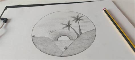 Pencil Drawing Nature Palm Water Sun in Circle Original Draw - Etsy UK