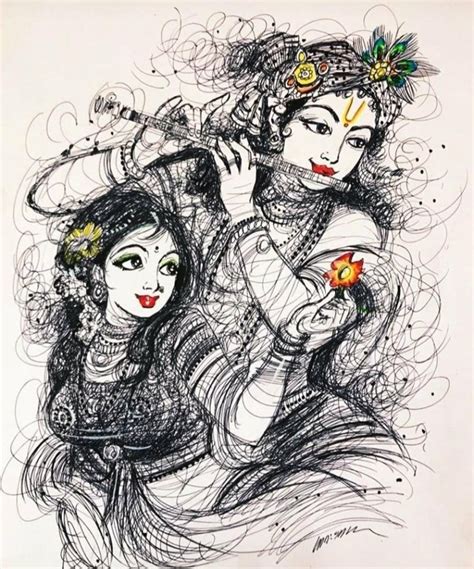 Image may contain: 2 people, drawing | Radha krishna sketch, Krishna ...