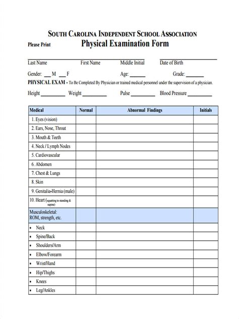 Free Printable Physical Exam Forms