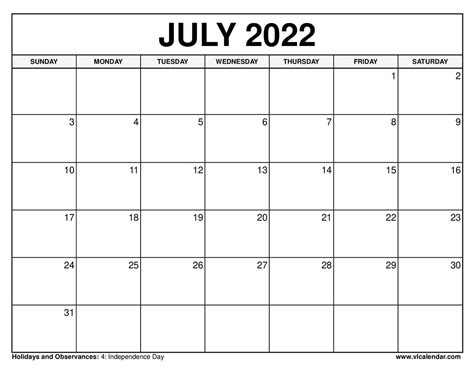 July Calendar 2022 Printable - Printable Word Searches