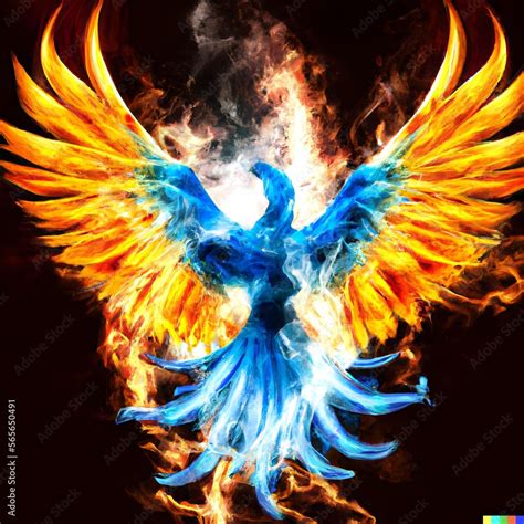 phoenix with blue wings emerging from fire , rebirth . Enlightenment ...