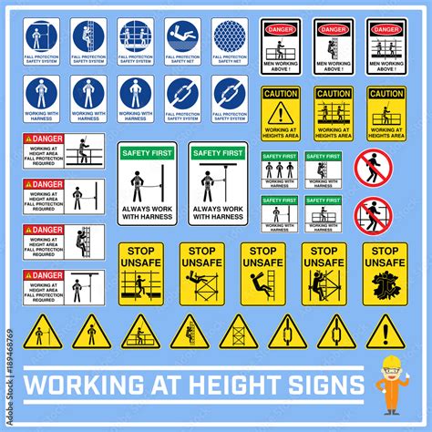 Set of safety caution signs and symbols of working at heights, Working ...