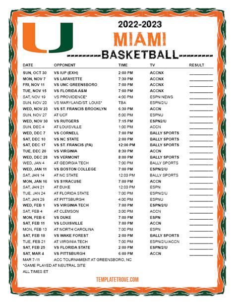 Printable 2022-2023 Miami Hurricanes Basketball Schedule