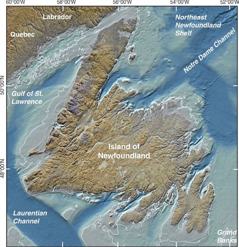 Map of Island of Newfoundland and the adjacent shelf, with the 100 m ...