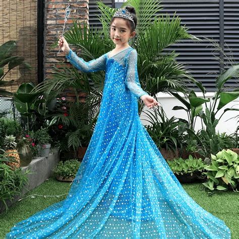 Princess Elsa and Anna Dress Girls long blue roseo dresses Cosplay ...