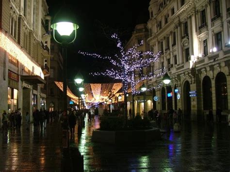 Pedestrian zone of Knez Mihailova Street by night, with decorative ...