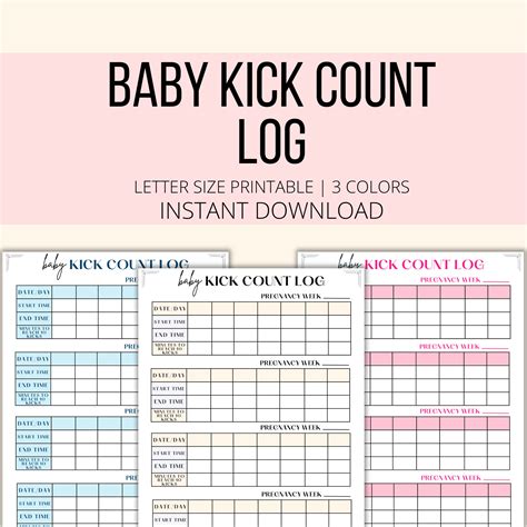 Kick Count Log Printable, Baby Kick Count Chart PDF, Fetal Movement Log ...